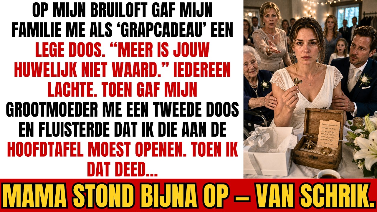 Op mijn eigen bruiloft gaf mijn moeder mij voor honderdtwintig mensen een prachtig ingepakte witte doos. Toen ik hem opende, was hij leeg. Ze glimlachte en zei hardop: "Dat is alles wat jouw...