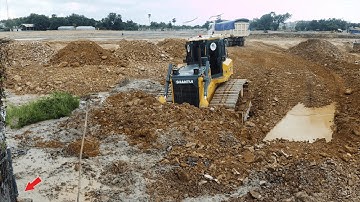 Fantastic Landfill Task! Fill Stone into Last Flood Block Use Shantui DH17C3 Dozer & 25T Dump Truck