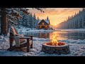 Winter Lake Sunset Escape ❄️🔥 Crackling Fire Pit & Gentle Snowfall for Relaxation