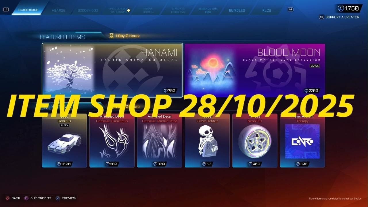 Rocket League item shop today 28/10/2025 - BLACK DOMINUS & BLACK BLOOD MOON