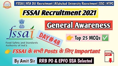 General Awareness For FSSAI Exam | FSSAI Recruitment 2021 | Quiz- 48 | FSSAI Previous Year Questions