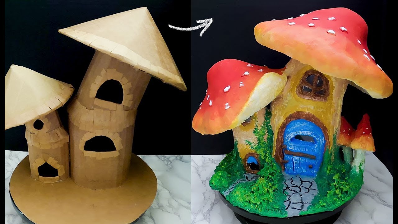 DIY fairy mushroom house using cardboard and paper clay. - YouTube