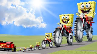Big \& Small SpongeBob on a motorcycle with Saw wheels vs Train | BeamNG.Drive