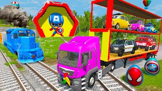 Double Flatbed Trailer Truck rescue Bus - Big & Small Monster Trucks Transportation with Funny Cars