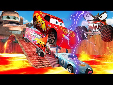 BIG Monster Shark and Chick Hicks VS Poor Lightning McQueen and Dinoco 😥