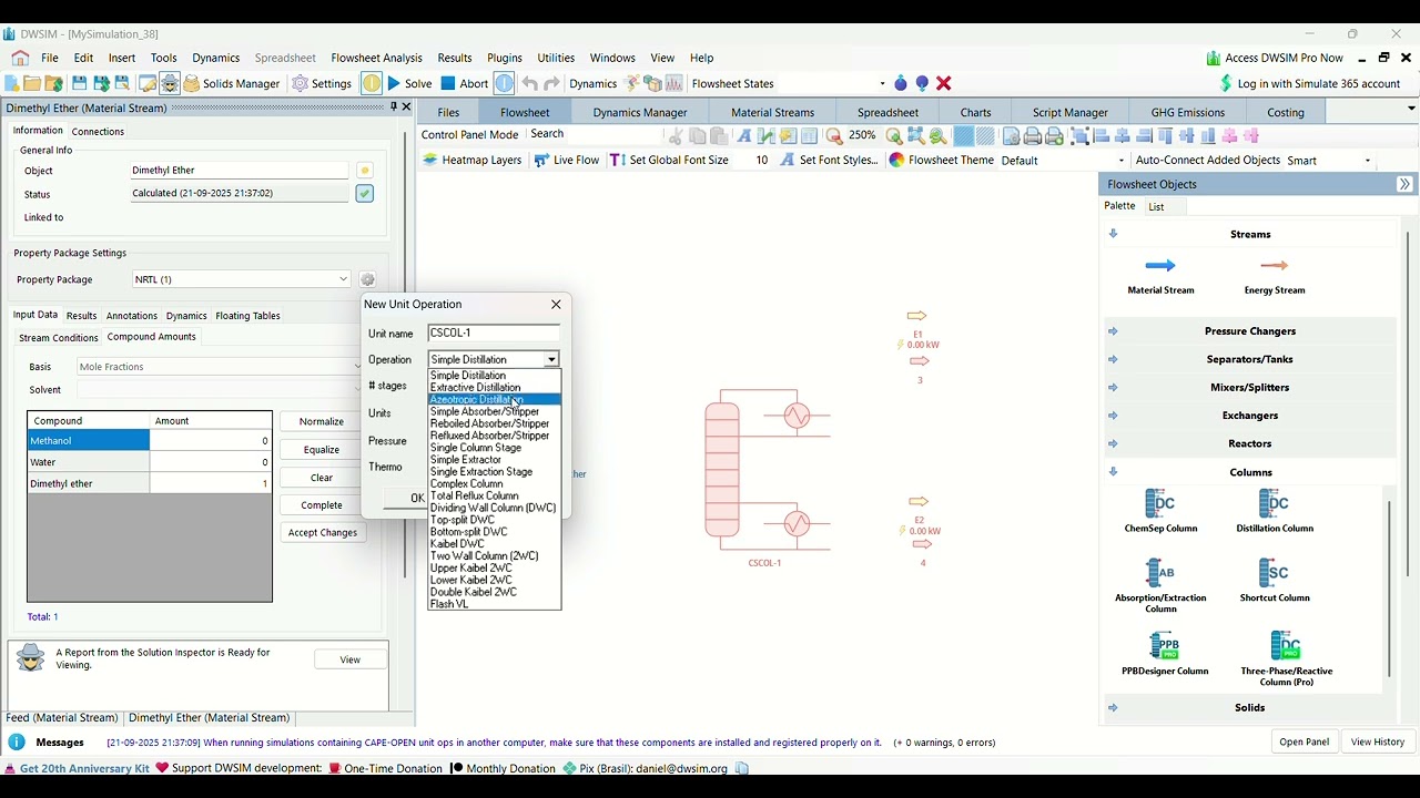 Azeotropic Distillation using ChemSep Column in DWSIM Simulation