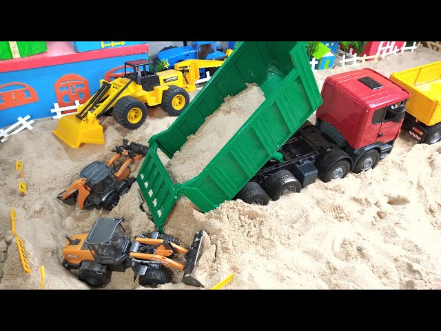 Caminhão de brinquedo basculante caçamba laranja e trator pa carregadeira 