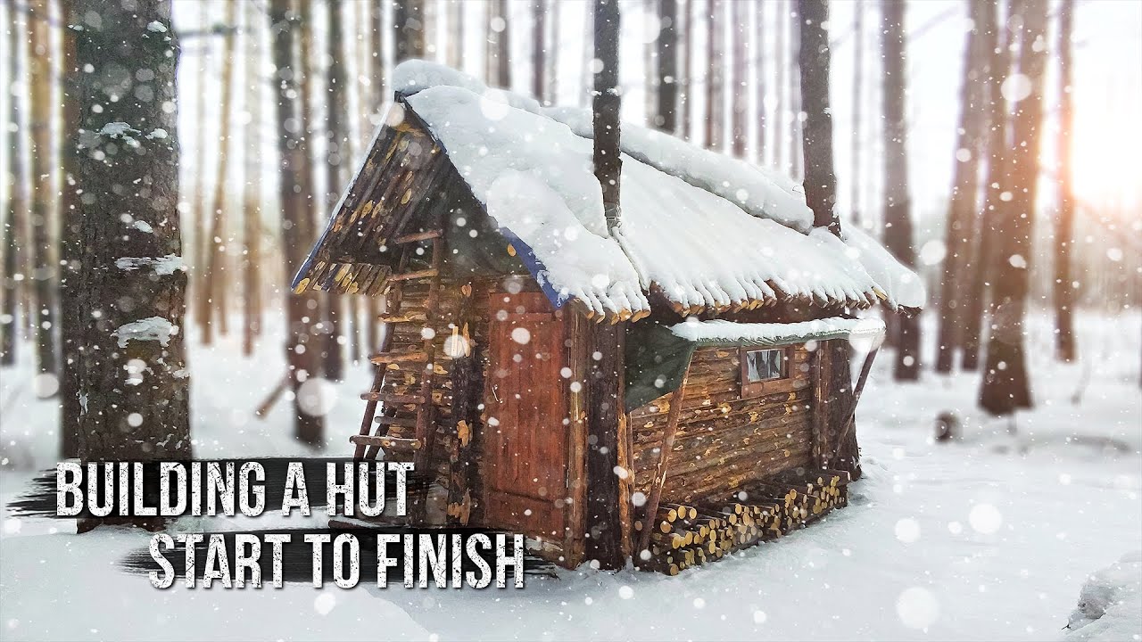 I built a hut in the wild forest. From start to finish. First experience.