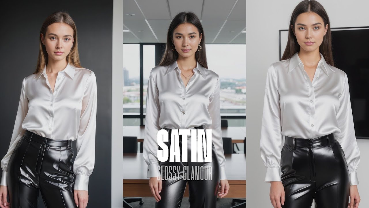 White satin blouse and black trousers