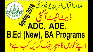 Date Sheet ADC, ADE, B.Ed (New), BA Programs Semester Spring 2018