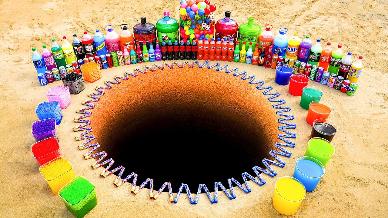 Experiment: Balls Eruption from Giant Coca Cola, Mtn Dew, 7up, Fanta vs Mentos Underground