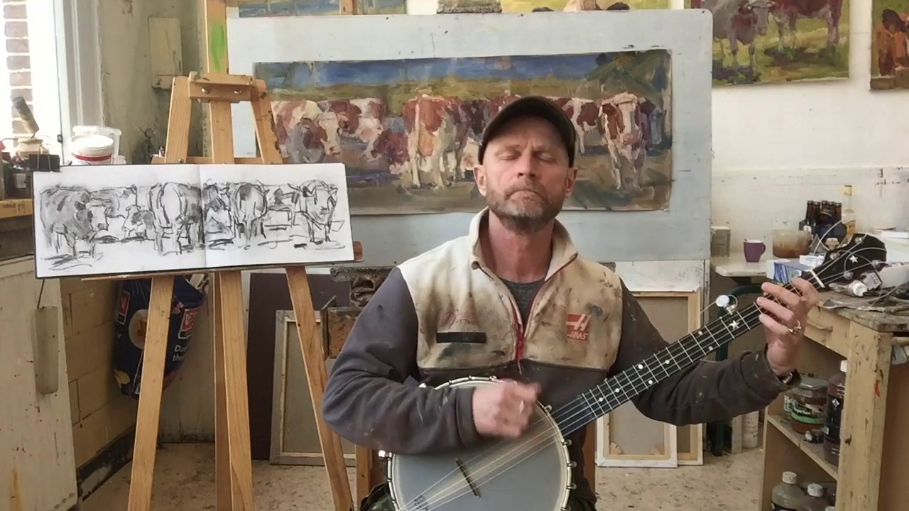 Ruud Spil De Koeienkunstenaar tijdens een banjo break. The Cowpainter is playing the  banjo
