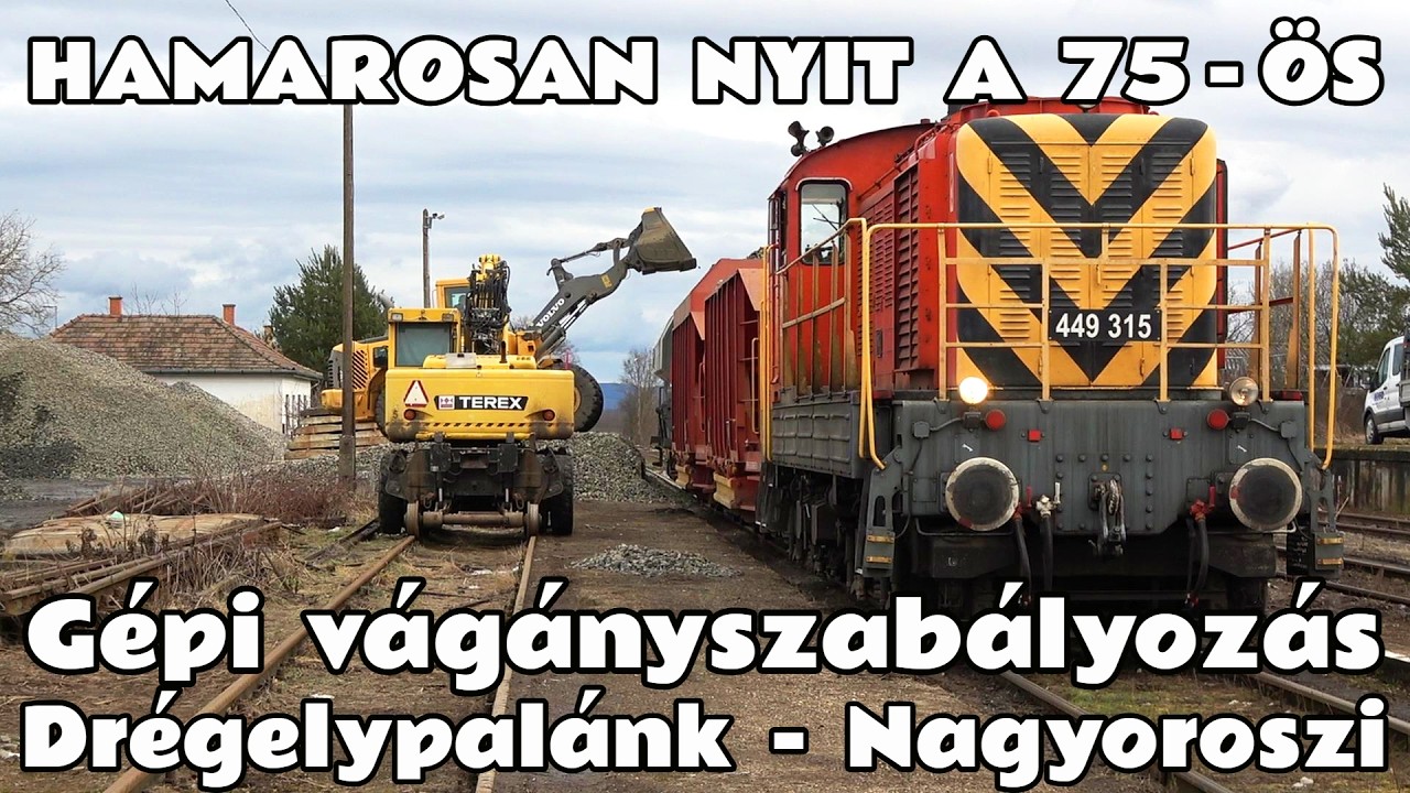 2026.02.23. A 75-ös vonal átépítése Nagyoroszi - Drégelypalánk. A vágányszabályozó géplánc munkában.