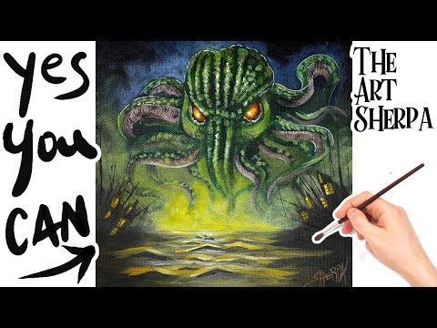 Lovecraft Cthulhu Scary painting 🌟🎨 How to paint acrylics : Paint Night at Home Halloween