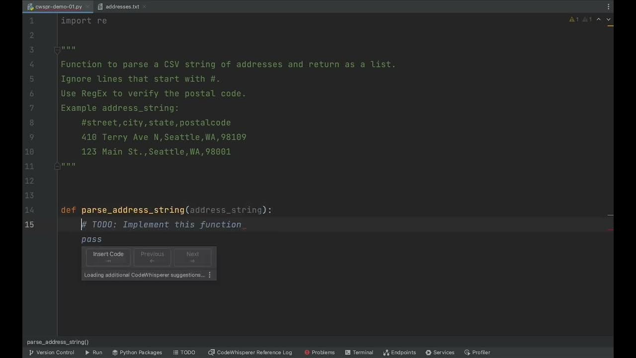 Amazon CodeWhisperer Parse Addresses from CSV and Validate Postal