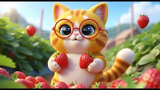 Cute Cat Helps Harvest Strawberries on the Farm