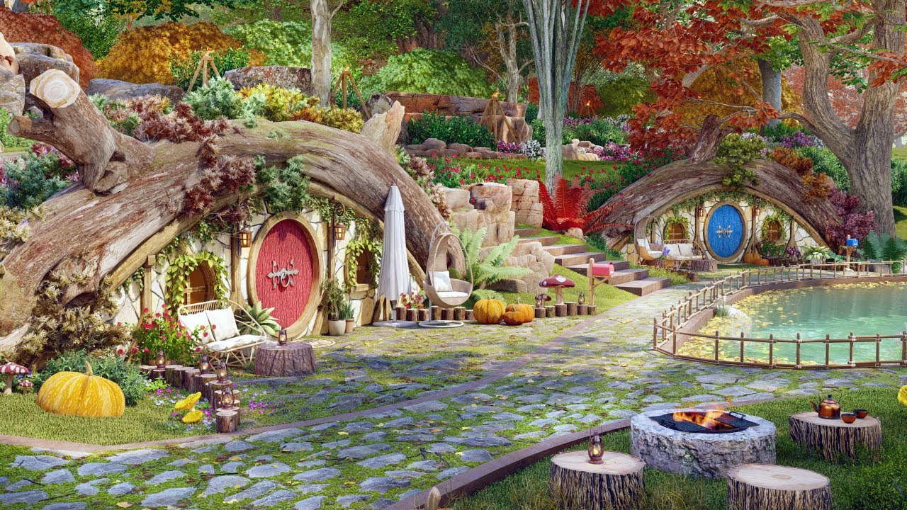 Cozy Hobbit Village Ambience 🌿 Autumn in the Shire | Fire Crackling, Gentle Breeze & Nature Sounds