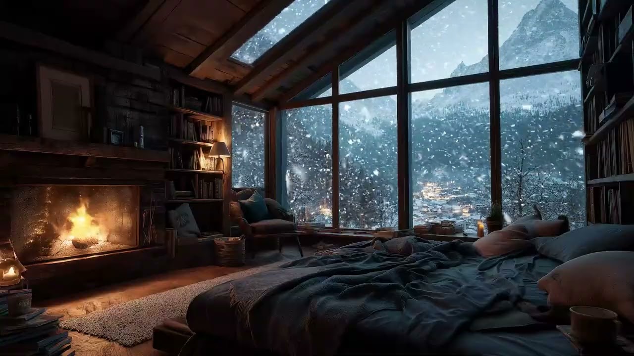 Snowfall & Warm Firelight 🔥 Calm Night Sounds for Relaxation