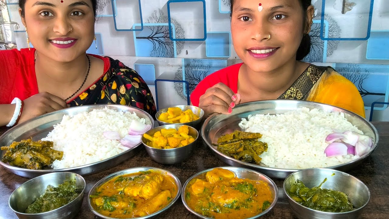 New eating rice with🔥🔥fish masala Palak mushroom vegetable curry vegetable masala eating show