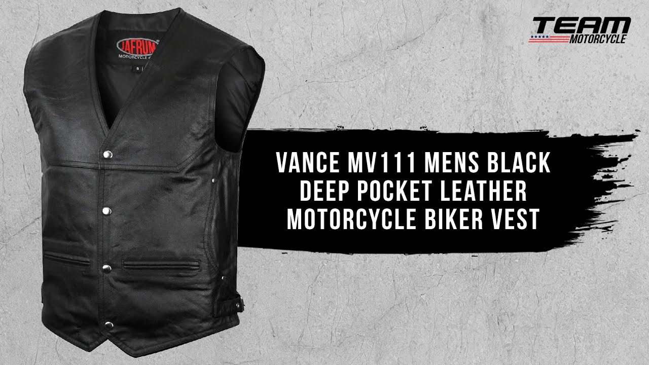 Vance MV111 Mens Black Deep Pocket Leather Motorcycle Biker Vest