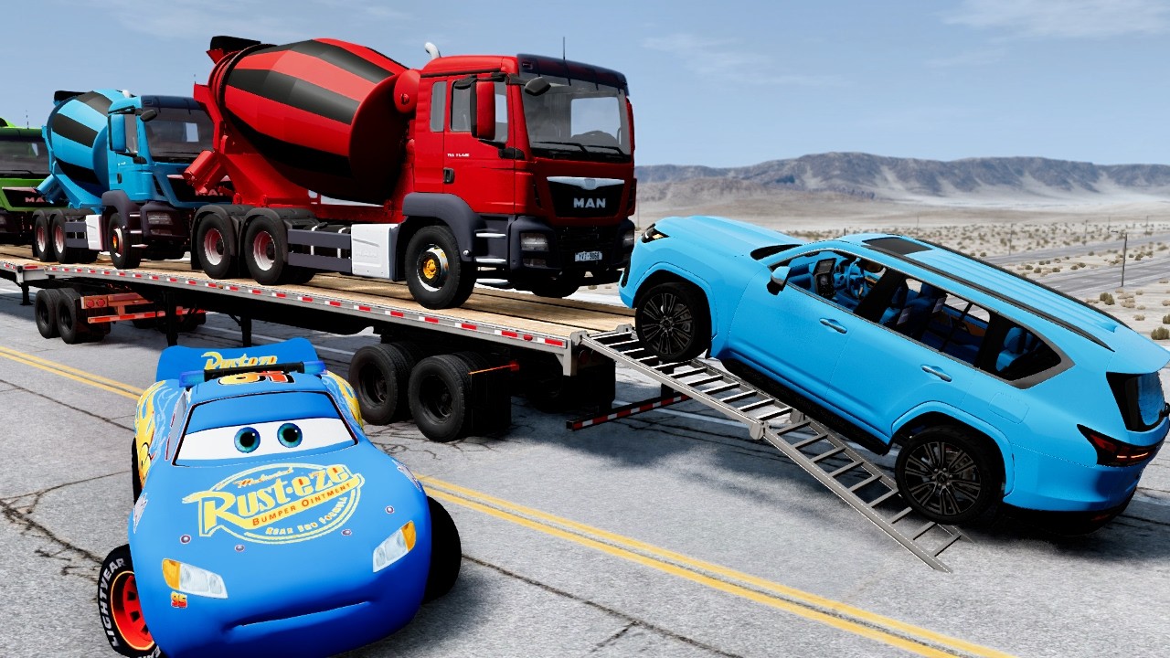Flatbed Truck Mcqueen  Transportation with Truck   Pothole vs Car #45  BeamNG Drive