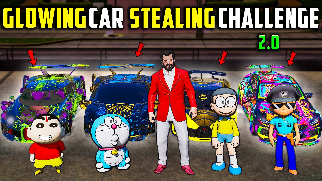 GTA 5: Rampage & Shinchan🤣Glowing Cars Stealing Challenge🤑Full Fun #bommalu #gta5telugu #rampageboy