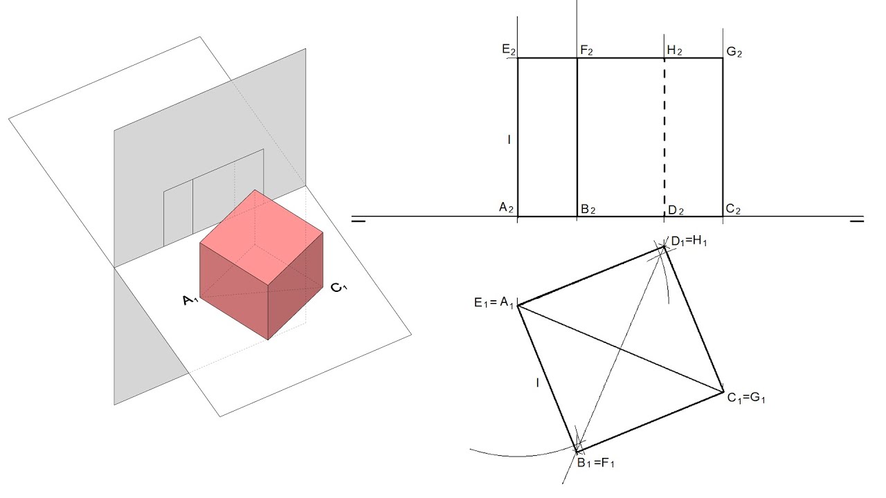 Cubo apoyado en 1 Cara en Sistema Diédrico dada 1 diagonal