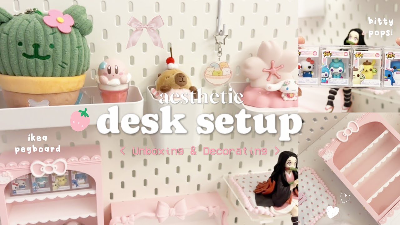 aesthetic desk setup 🍥🍓 IKEA skadis unboxing, pink pegboard setup, pinterest + anime inspo