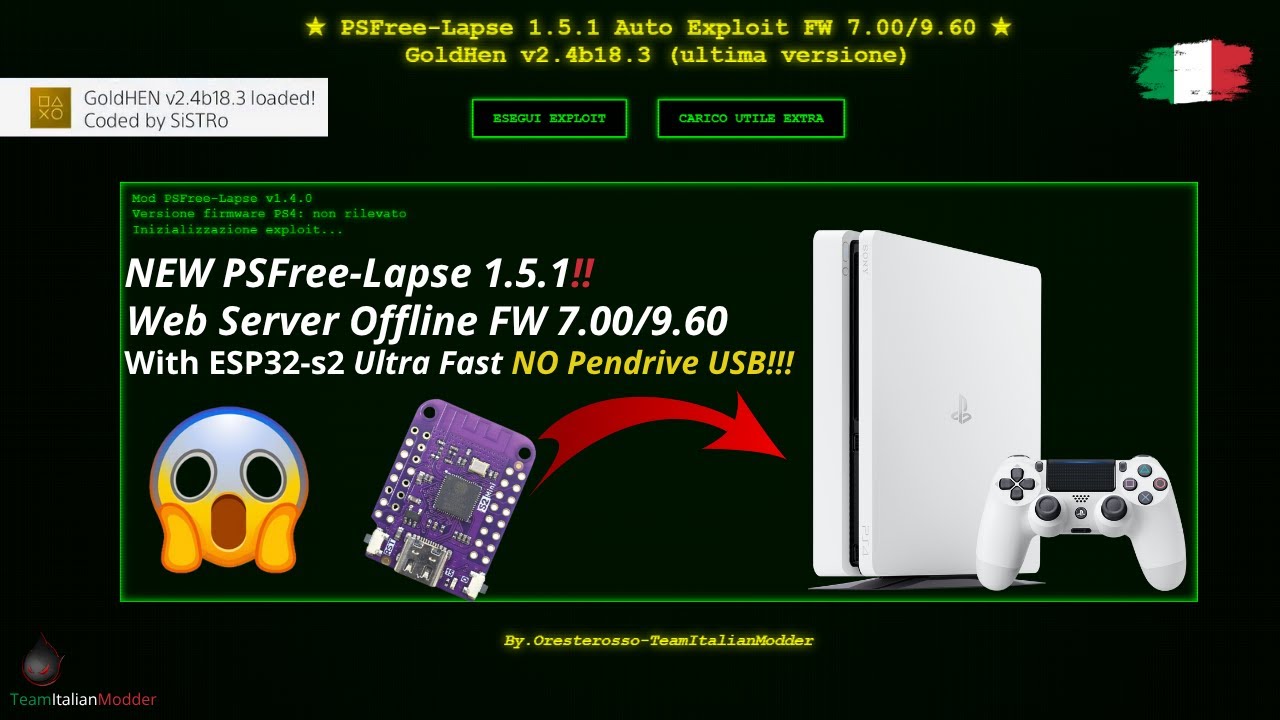 🎮 PSFree-Lapse 1.5.1: Jailbreak PS4 7.00–9.60 OFFLINE con ESP32-S2, senza pendrive né Internet!