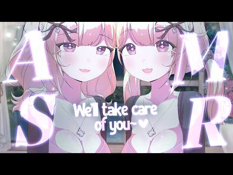 [ASMR] Twin catgirls smother you with love♡Kisses,ear blowing,deep mic scratches