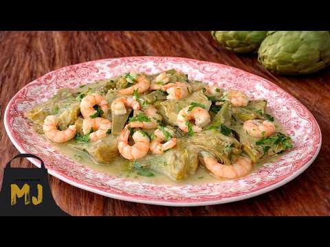 Alcachofas en salsa verde con gambas: receta fácil y rápida