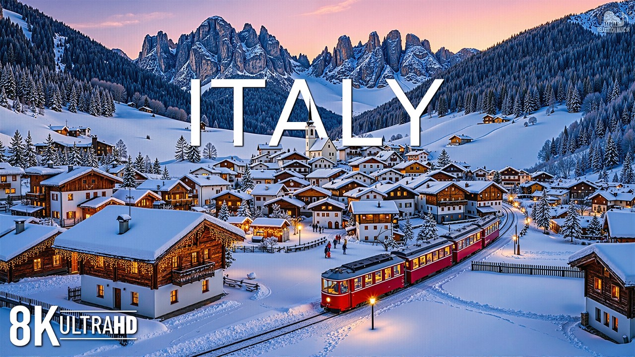 Зима в Италии, 8K UHD ❄️ Заснеженные Альпы, замерзшие озера и умиротворяющие пейзажи природы