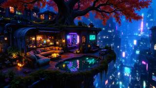 Lofi Ambient – Treetop Balcony Oasis and Neon Moonlight | Peaceful Chillhop for Study and Sleep | 4K