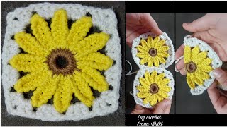 картинка: Потрясающий бабушкин квадратик из подсолнуха крючком🌻Вязание подсолнуха крючком,пошаговая инструкция
