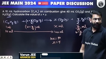 A 10 mL hydrocarbon (C𝑥H𝑦) on combustion give 40 mL CO2(g) and 50 mL H2O(g). Calculate the val....