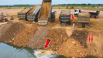 Be Careful incredible Road Resize Project with Komatsu D58p Dozer and Dump Truck 25t Unloading Soil