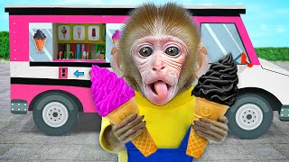 KiKi Monkey challenge with Pink vs Black Ice Cream Truck and Tasty Colors Food | KUDO ANIMAL KIKI