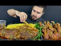 Asmr eating spicy mutton legs currychicken legs curry with masala ricegreen chilliextra gravy