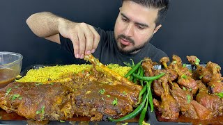 ASMR; EATING SPICY MUTTON LEGS CURRY+CHICKEN LEGS CURRY WITH MASALA RICE+GREEN CHILLI+EXTRA GRAVY