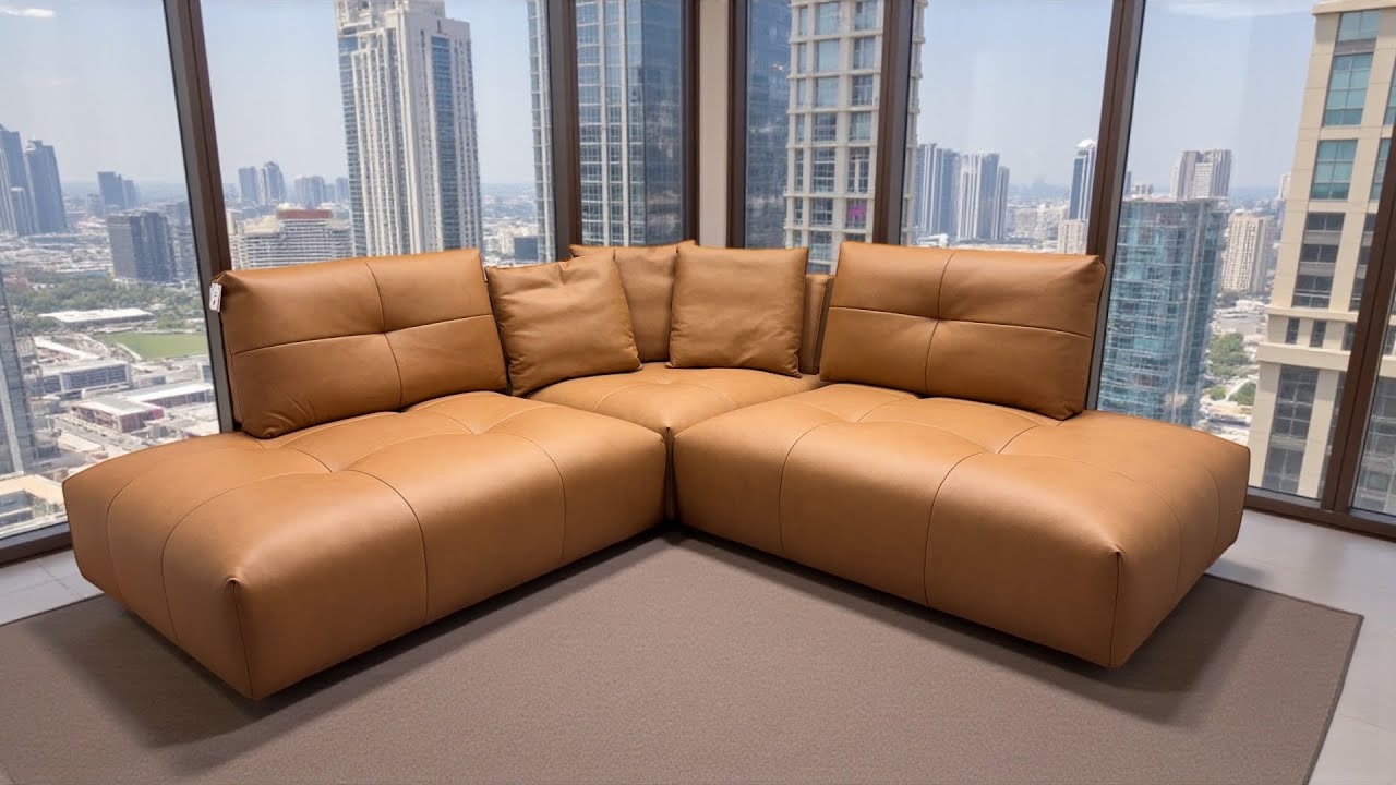 Ultra Modern Tan Leather Modular Sofa Electric Glide Backrests