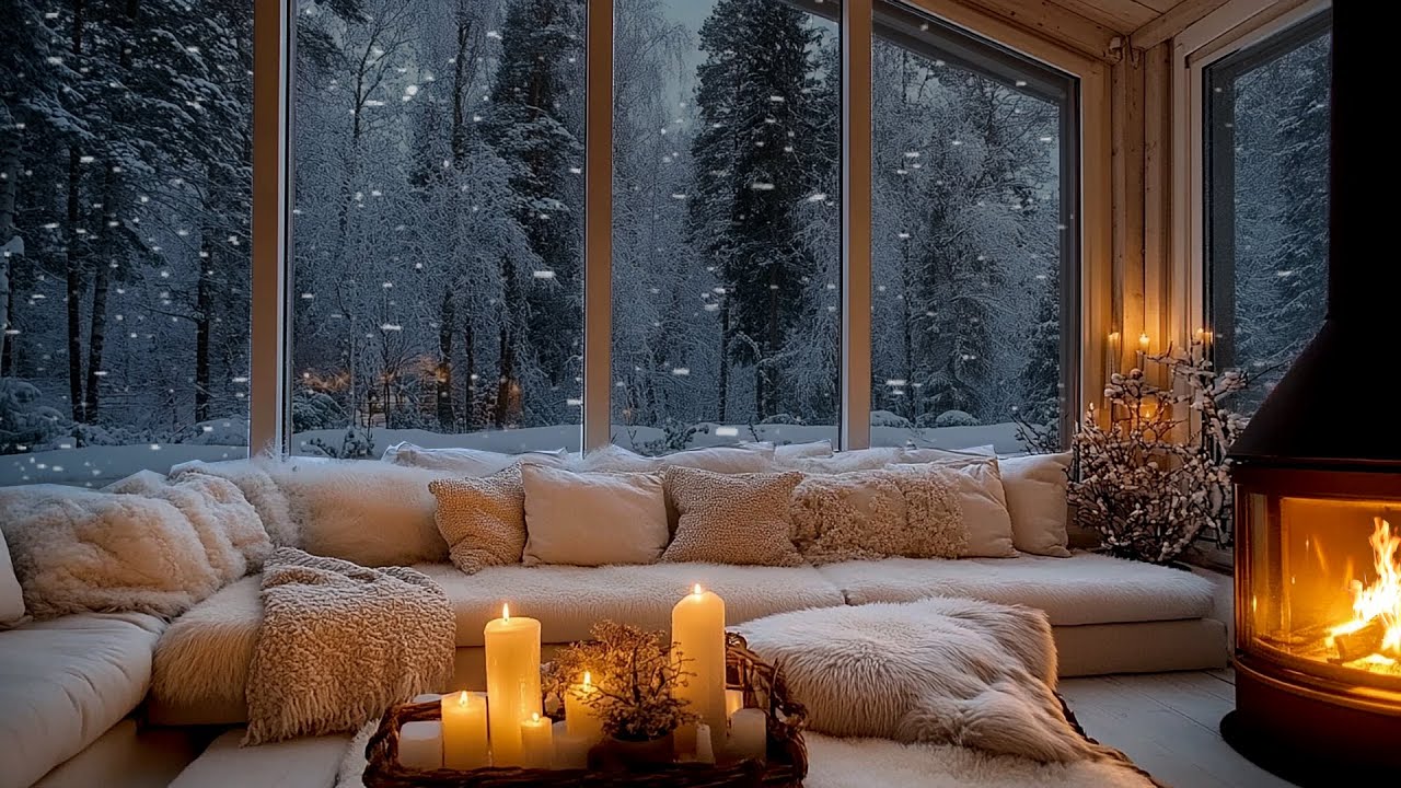 Serene Winter Night Ambience: Cozy Modern Room with Fireplace and Panoramic Snowfall