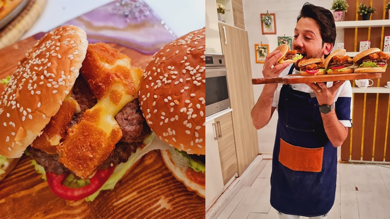 طريقة عمل ساندوتش البرجر - جبنة شيدر فرايد | المطعم مع الشيف محمد حامد