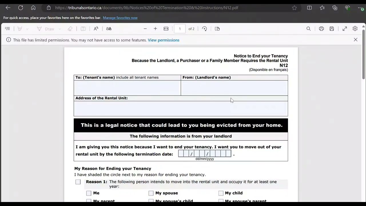 How To Fill N12 Notice to End Tenancy Because the Landlord Purchaser Family Member Need To Move In