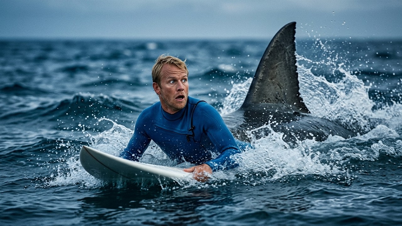 ⁣Shark attack on a surfer.