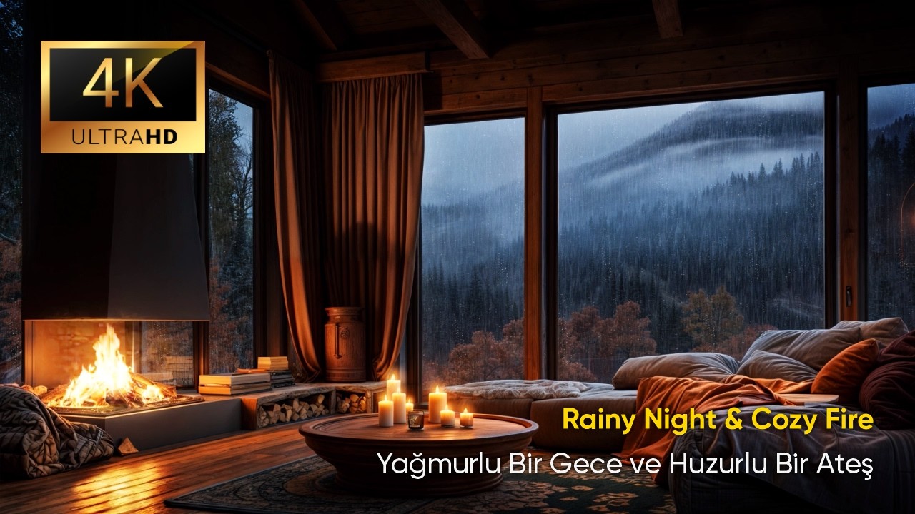 4K #Şömine Ateşi ve Sağanak Yağmur Sesi | Cozy Mountain Cabin: #Rain & Crackling #Fireplace