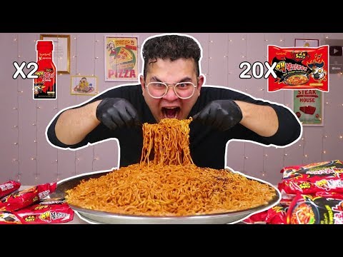 تحدي اكل ٢٠ نودلز كوري x2 مع الصوص الناري🌶- Spicy Korean Noodle (20 Packs) Challenge