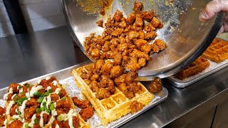 American Food - The BEST POPCORN FRIED CHICKEN AND WAFFLES in New York City! 375° Chicken &#39;n Fries