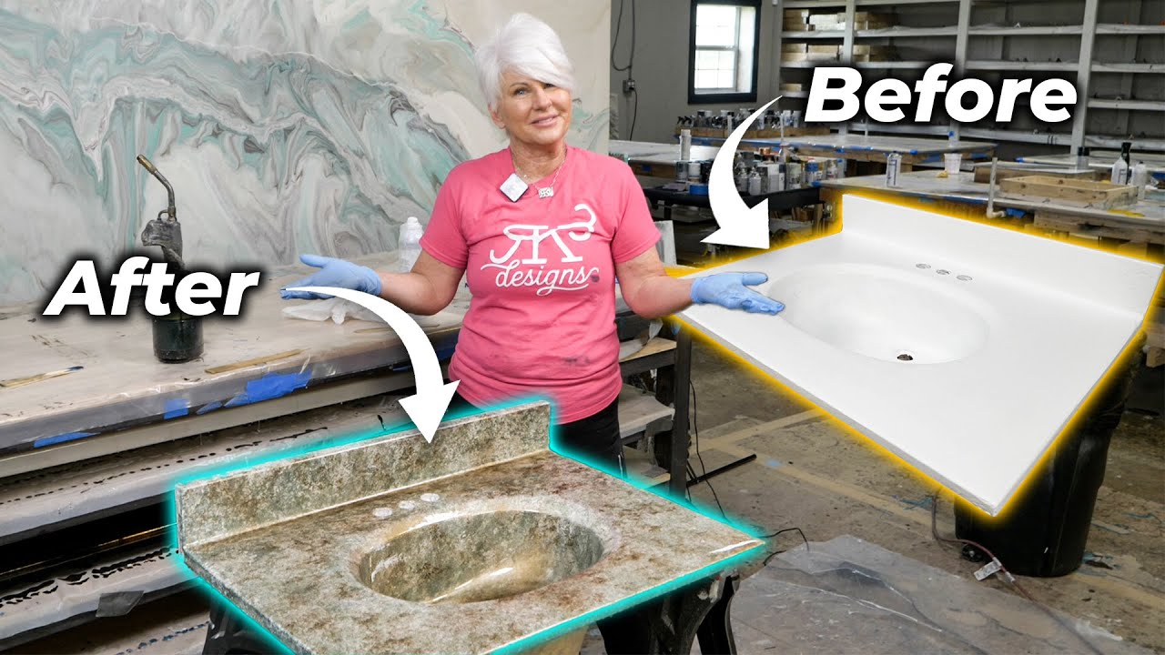 Как обновить старую тумбу со встроенной раковиной и фартуком с помощью краски и эпоксидной смолы