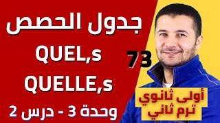 جدول الحصص بالفرنسية وصفات الاستفهام Quel, Quelle, Quels, Quelles - أولى ثانوي - ترم ثان - فرنشاوي