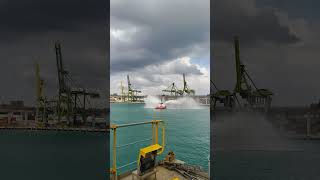 Fire drill being carried out by Tugboat in Singapore Port🛳️